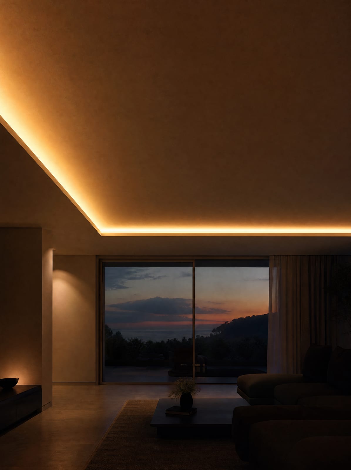 Cove lighting installation along a plaster ceiling perimeter glowing warmly at dusk