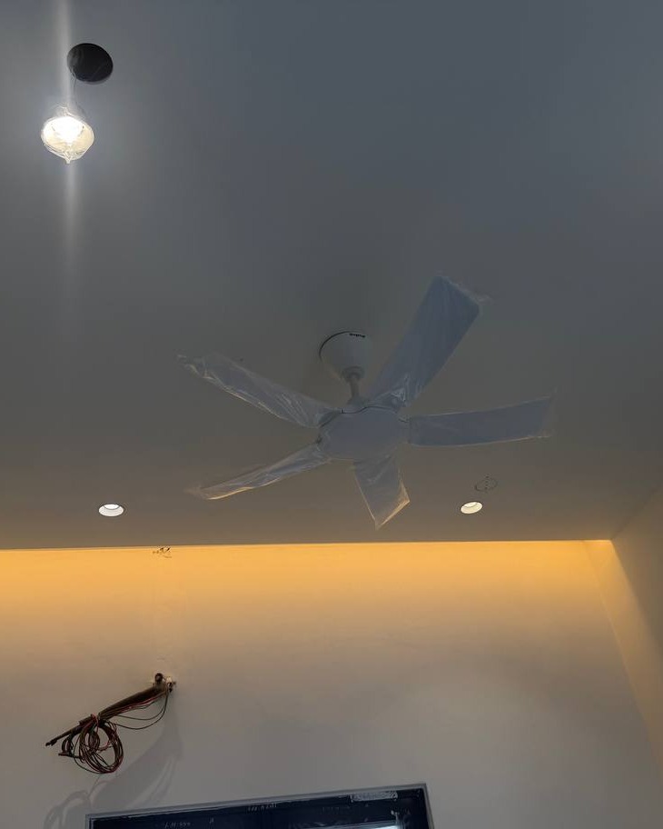 Curtain Box Cove Lighting with Ceiling Fan – Klang Residence Upper-floor plaster ceiling with curtain box cove lighting recess, recessed downlights and new ceiling fan installation, Klang residence
