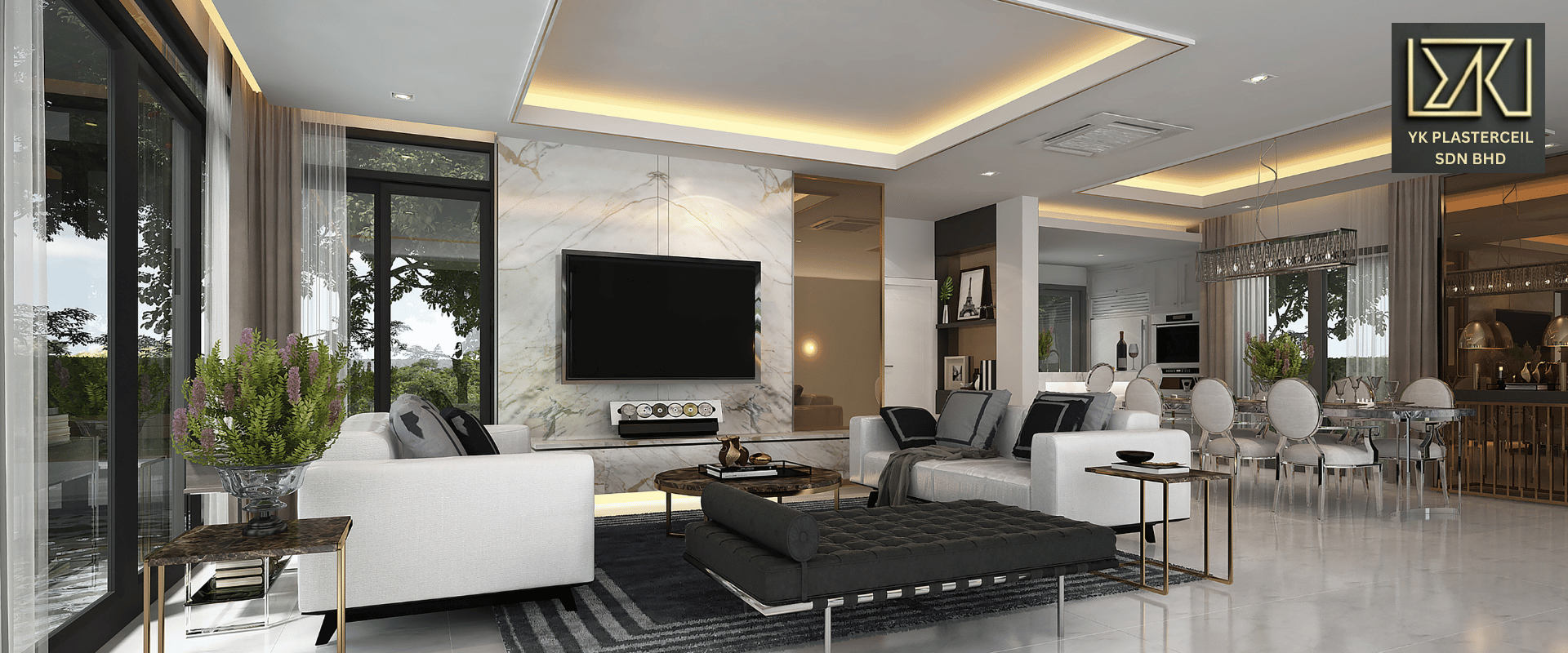 Modern living room with top-rated plaster ceiling installation in Kuala Lumpur, featuring sleek designs in Damansara and Petaling Jaya.