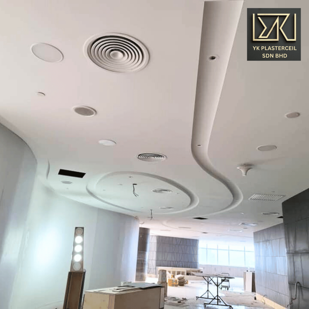 Luxurious dining room with plaster ceiling installation in Mont Kiara, featuring elegant lighting design.