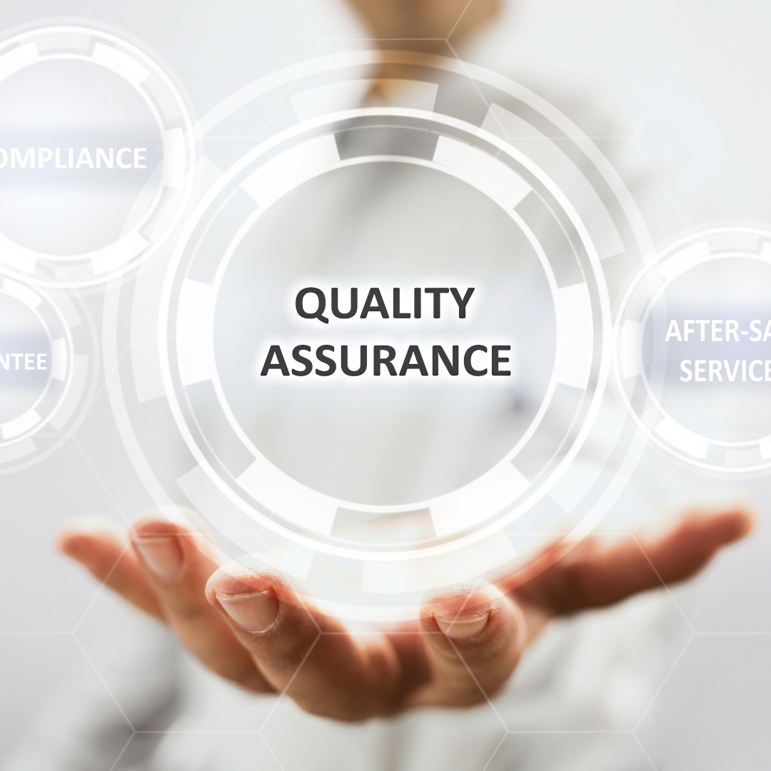 Hand presenting quality assurance concept with futuristic digital interface