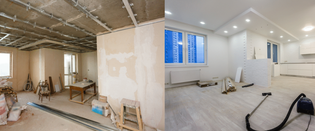 Step-by-step progress from raw ceiling structure to a clean, modern plaster ceiling finish