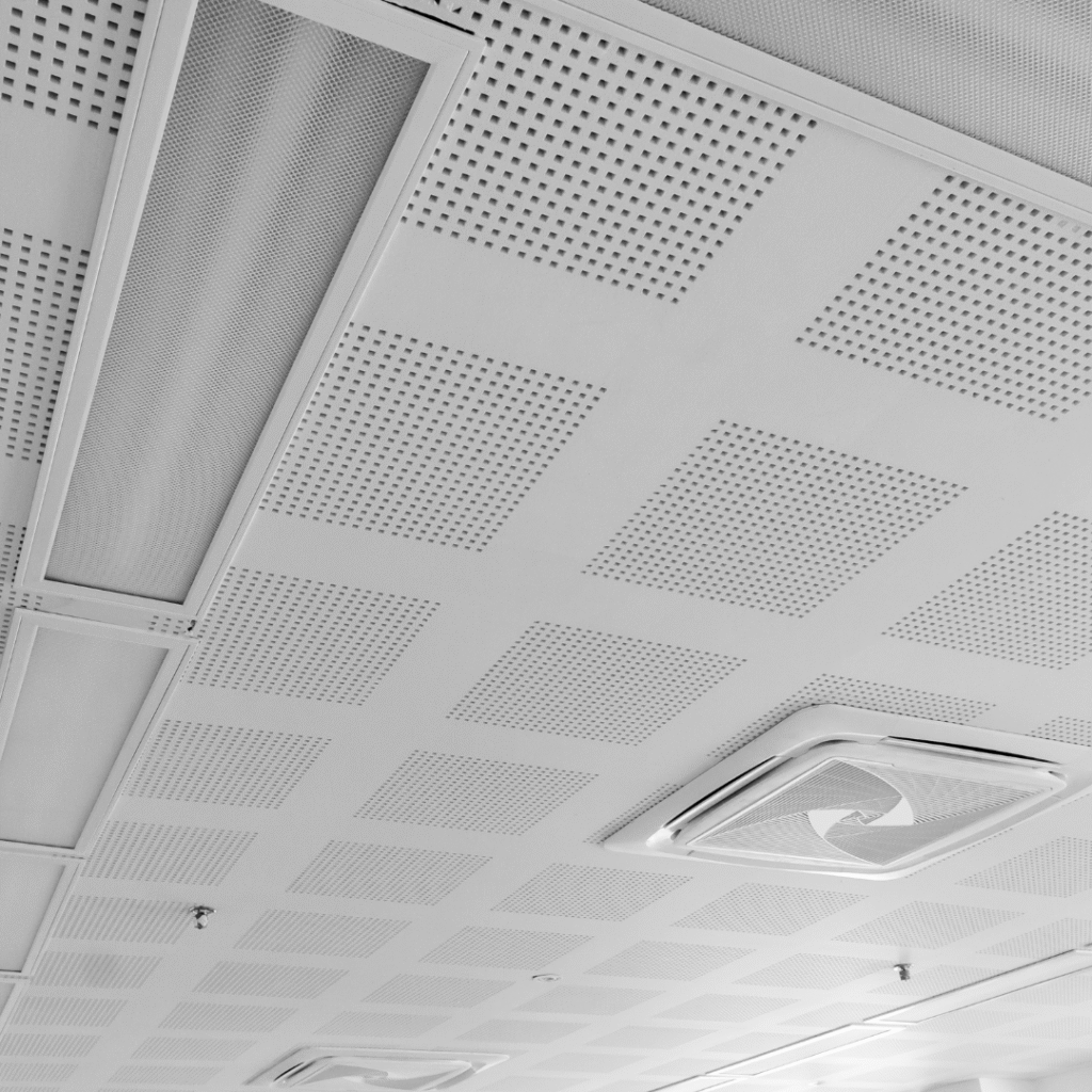 Acoustic ceiling tiles with built-in lighting and air conditioning vent