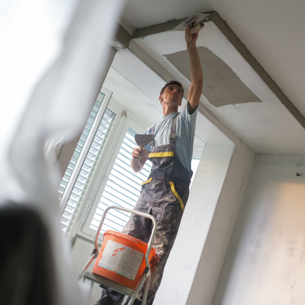 Worker applying plaster on ceiling with trowel and ladder