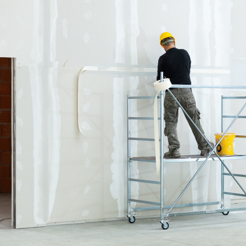 Worker plastering drywall partition using joint tape on scaffold