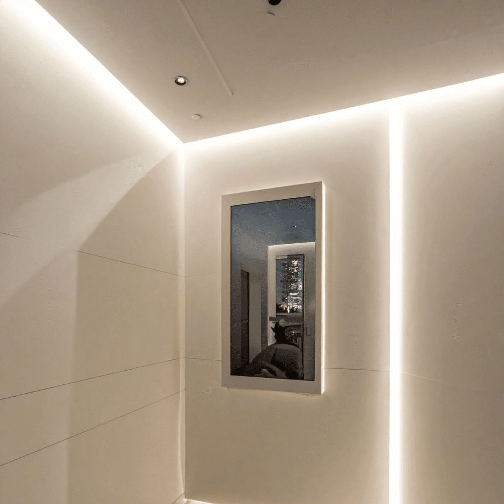 An infographic explaining "What Is LED Profile Lighting?" with a photo of a hallway featuring indirect lighting from hidden LED strips in a light trough ceiling. The text mentions it's also called Light Trough Ceiling or LED Profile Ceiling and lists benefits like sleek appearance and energy efficiency.