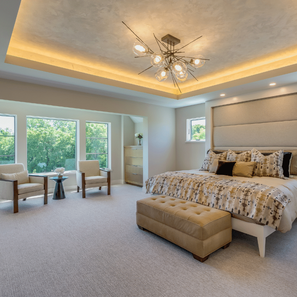A modern bedroom interior showcasing a tray plaster ceiling design with warm, indirect LED profile lighting around the perimeter and a modern chandelier. The image includes a text block titled "Perfect Pair: Plaster Ceiling + LED Lighting" by YK PlasterCeil, describing how they integrate LED light lines for function and beauty.