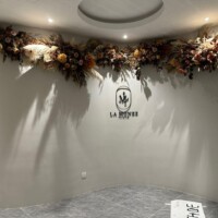 Reception area with plaster ceiling featuring floral wall installations and modern lighting.
