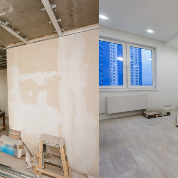 Step-by-step progress from raw ceiling structure to a clean, modern plaster ceiling finish