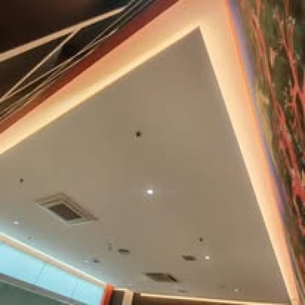 Custom plaster ceiling featuring cove lighting and modern recessed downlights—perfect for commercial venues aiming for a cozy and stylish ambiance.

